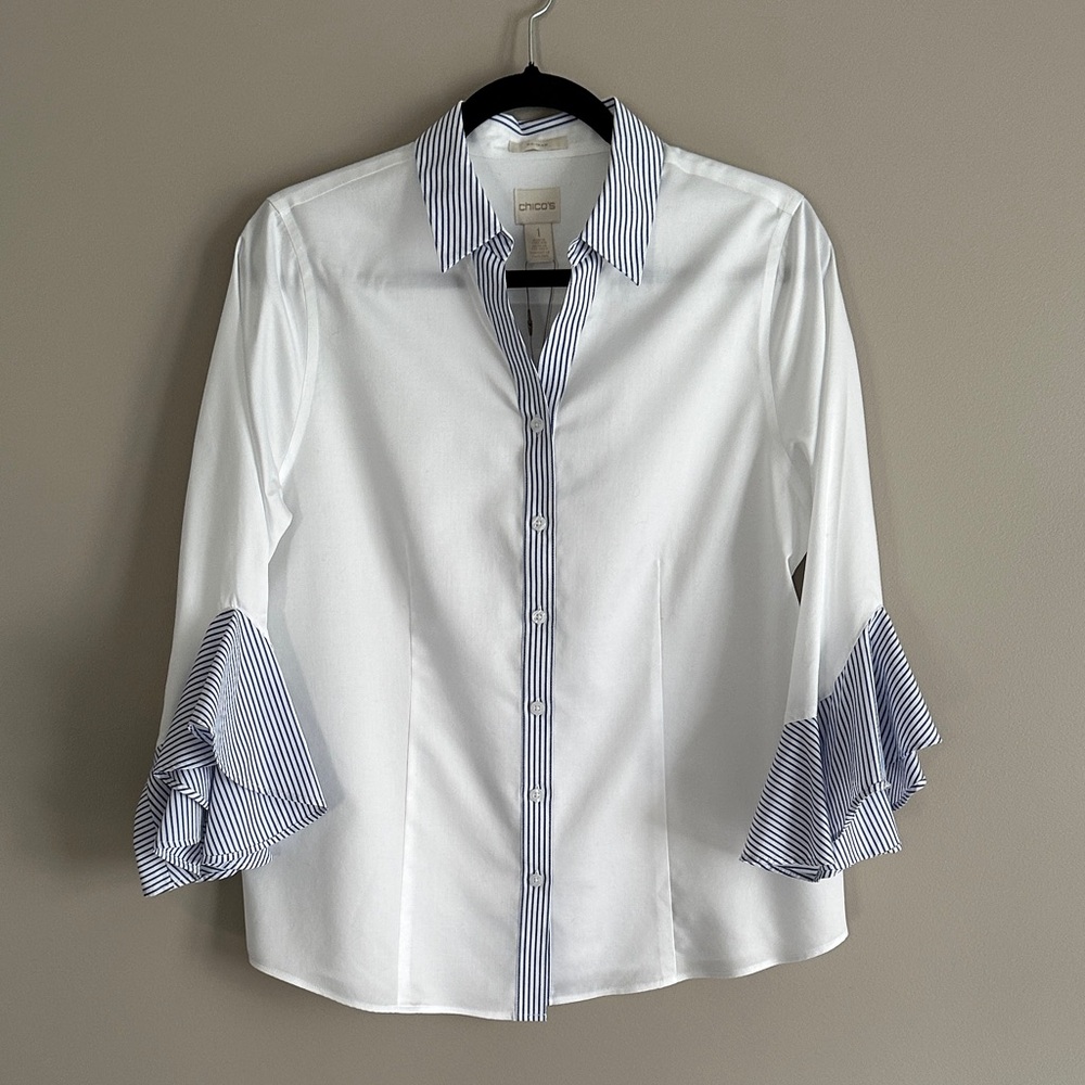 Chico's Elegant White Blouse with Navy Stripes